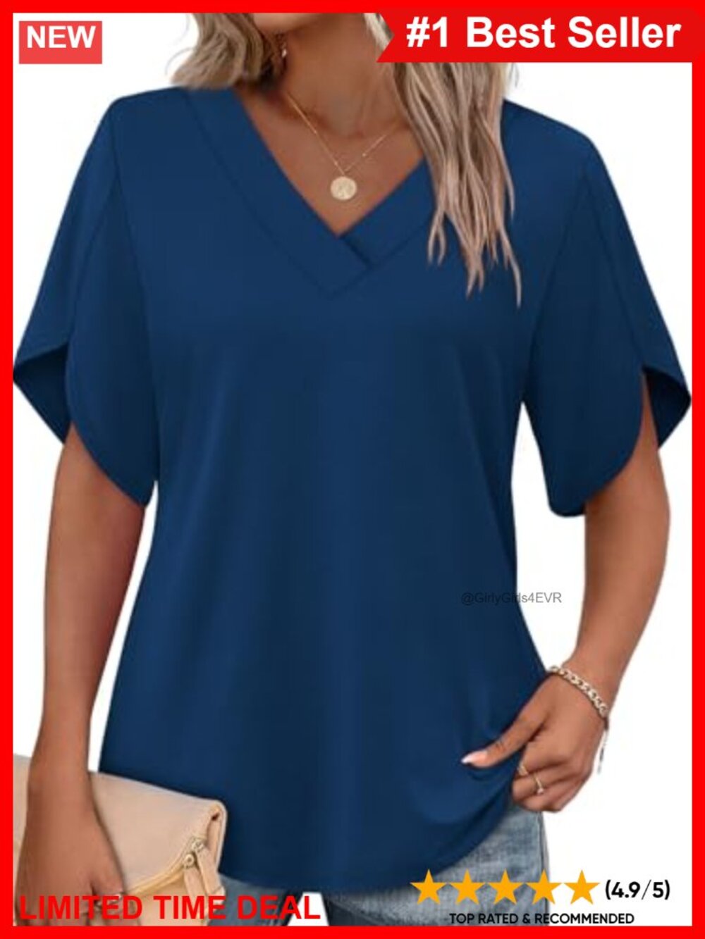 Womens Summer V Neck Top Split Petal Short Sleeve Loose Fit Casual Tee